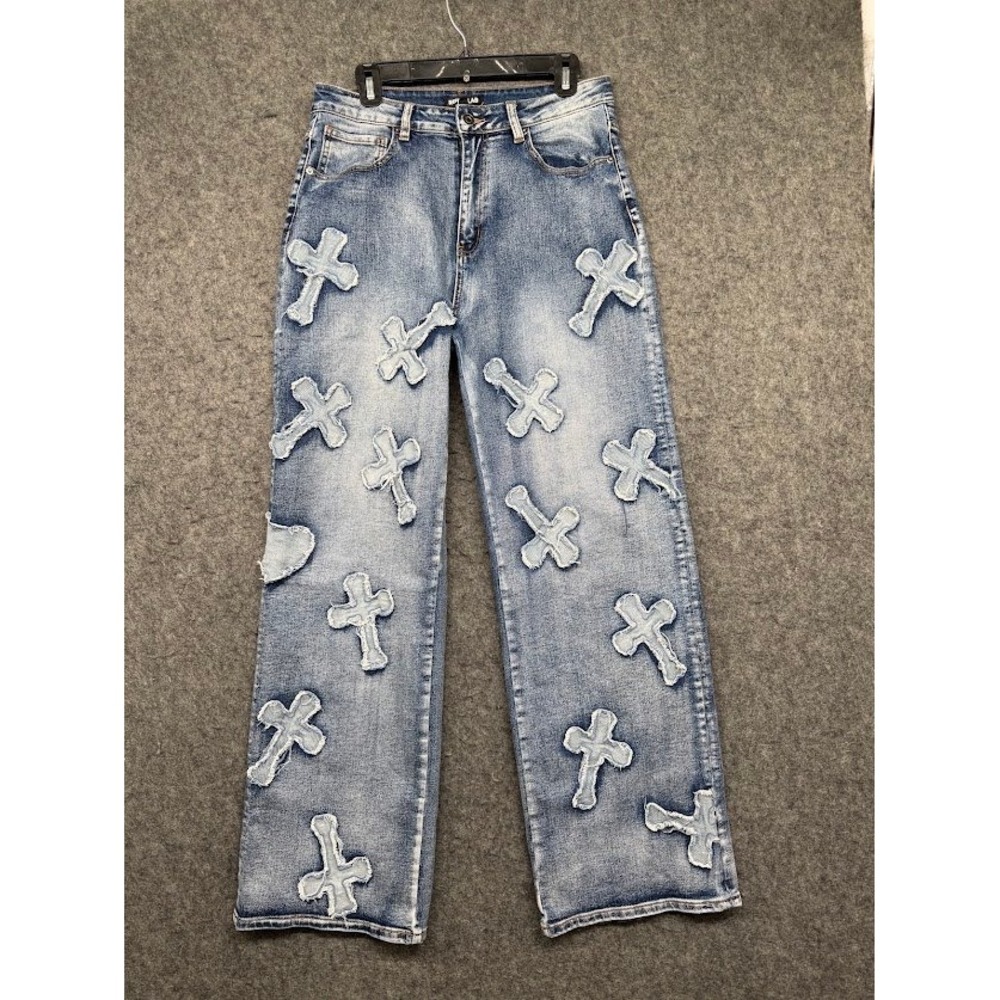 REHAB LAB Mens Cross Patch Wide Leg Jeans Blue Distressed Y2K Denim Pants L
